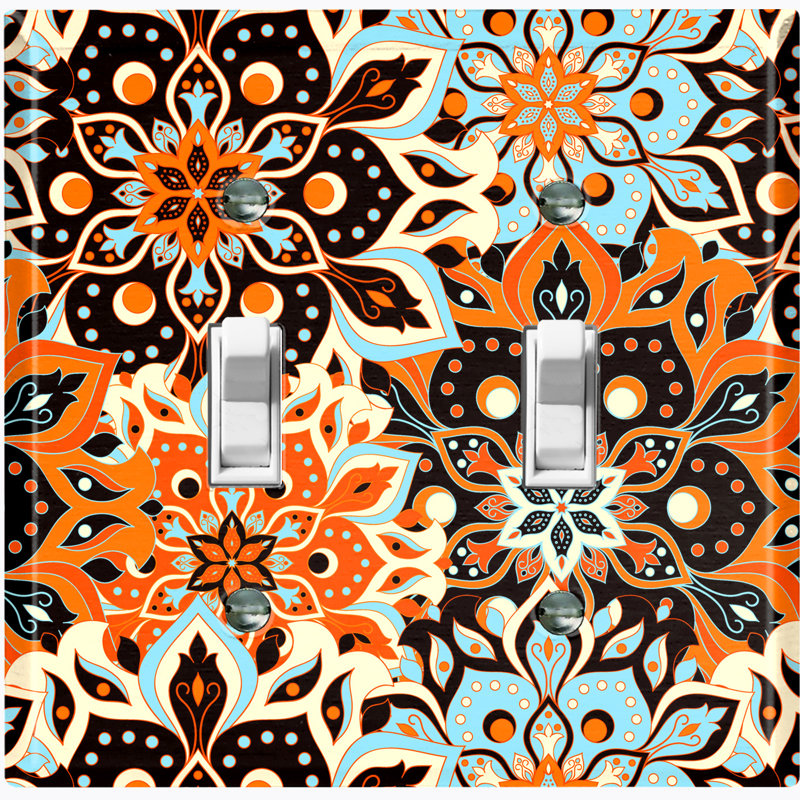 Plaque murale à 2 interrupteurs à bascule bleu sarcelle fleurs mandala orange