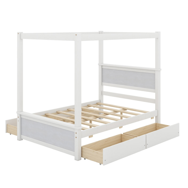 Wood Canopy Bed With Four Drawers And Support Slats