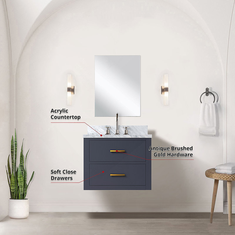 Meuble-lavabo simple 24 po X P 18 po D, comptoir en acrylique, 18 po Ensemble miroir et robinet, Bleu