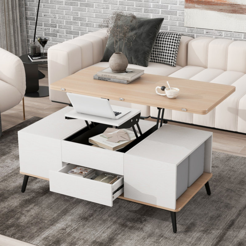 Kanette 5 Pcs Lift Top Coffee Table Set with Storage Convertible Dining Table with Ottomans, Oak Natural Wood