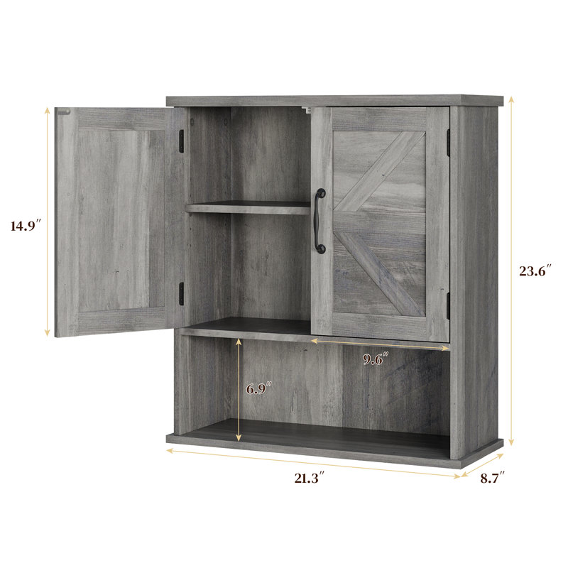Armoire de salle de bain murale avec rangement au-dessus des toilettes avec deux portes et tablettes, gris, Gris