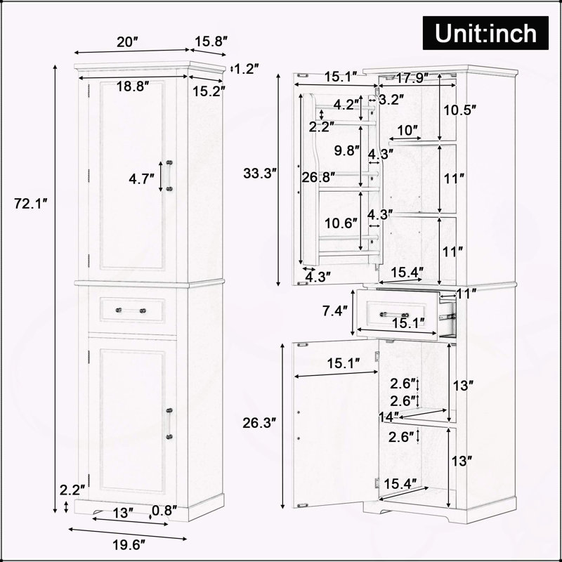 Armoire de salle de bain autoportante polyvalente avec tablettes réglables et compartiments multiples