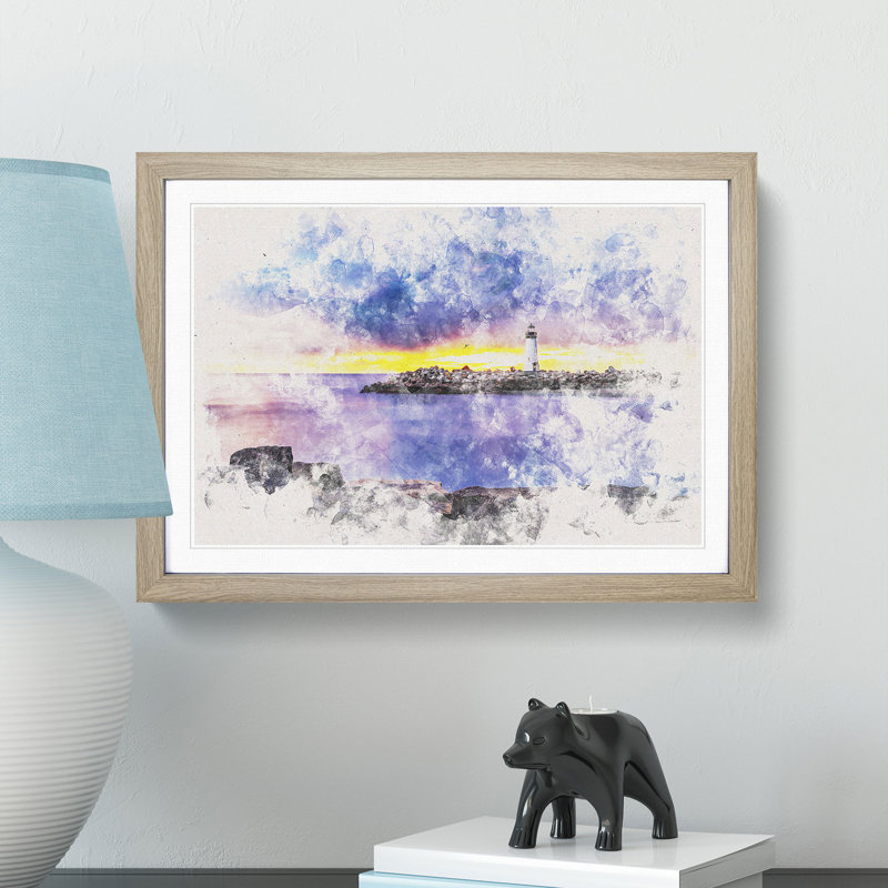 Remote Lighthouse and Seascape - Picture Frame Painting Print, 24cm H x 33cm W x 2cm D, Oak Framed