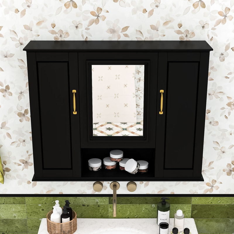 Armoire de salle de bain murale à miroir avec tablettes réglables, rangement dissimulé, Noir