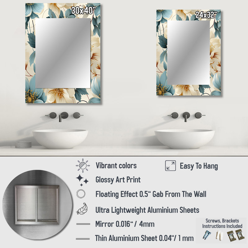 Orangis sablonneux beige et bleu Hortensia tranquillité - miroir décoratif floral, grand miroir mural floral, impression d'art en métal