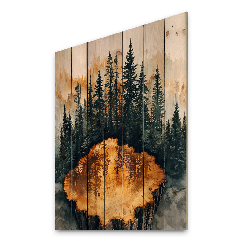 Été forêt de pins sur la glissoire en bois IV - Art mural bois de forêt - sur bois de pin naturel