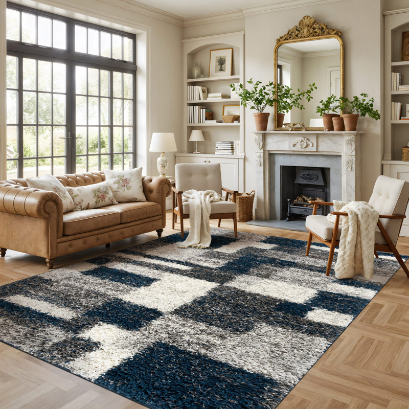 Farmerville Geometric Shag Navy/Gray/Ivory Area Rug, Rectangle 7'10" x 10'