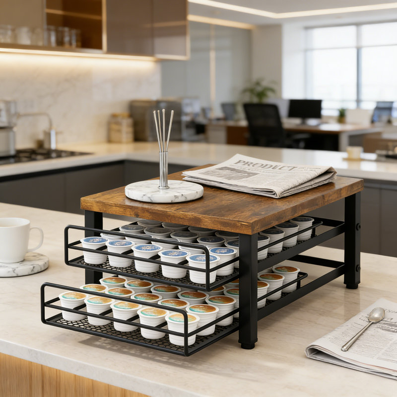 Support de tiroir à café sous le comptoir à 2 niveaux pour K-Cups et capsules, solution de rangement de comptoir de cuisine mince et compacte avec grande surface supérieure