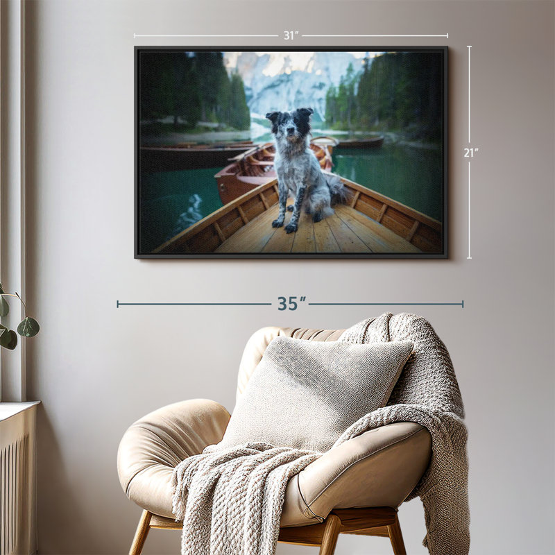 Border collie sur bateau, reproduction sur toile, H 21 po x l 31 po