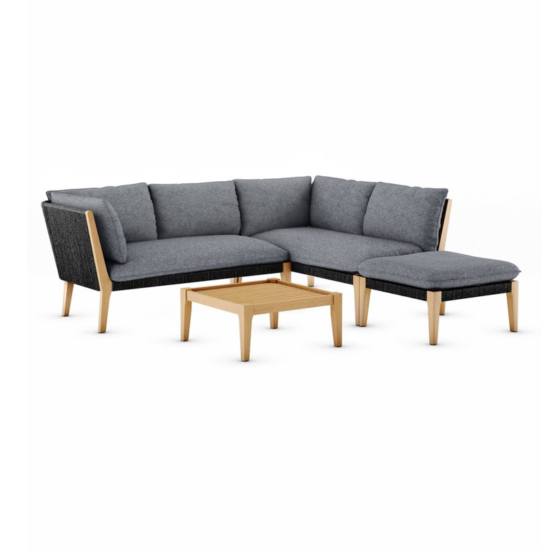 Ensemble de conversation d'extérieur en corde et bois avec coussins Como, Gris foncé