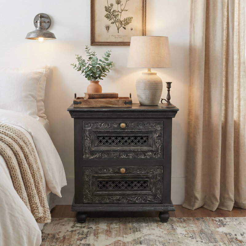 Hand-Carved Solid Mango Wood 2-Drawer Nightstand with Floral Drawer Fronts