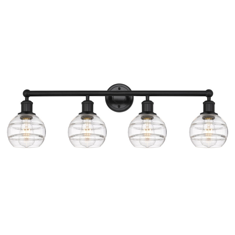 Éclairage pour meuble-lavabo à 4 lumières Chartoff, Transparent, Laiton antique