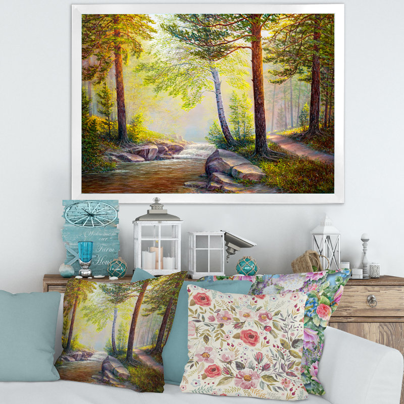 Après-midi, lumière à travers les arbres dans la forêt - peinture sur toile, H 30 po x l 40 po x 1,5 po, Cadre photo blanc