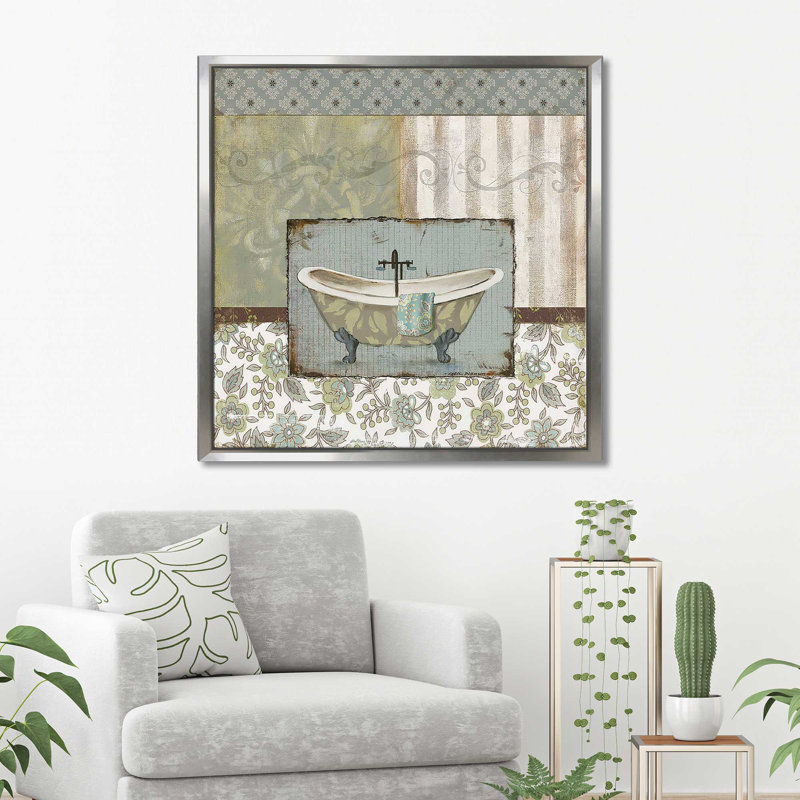 «Country Style Bath I (Square)» par Carol Robinson, reproduction, H 27,5 po x l 27,5 po x P 2 po, Cadre flottant argent