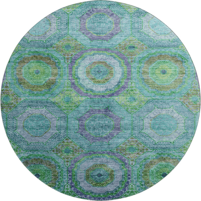 Premium Machine Washable Mayfield AMF2049 Panel Rug, Teal, 8' Round
