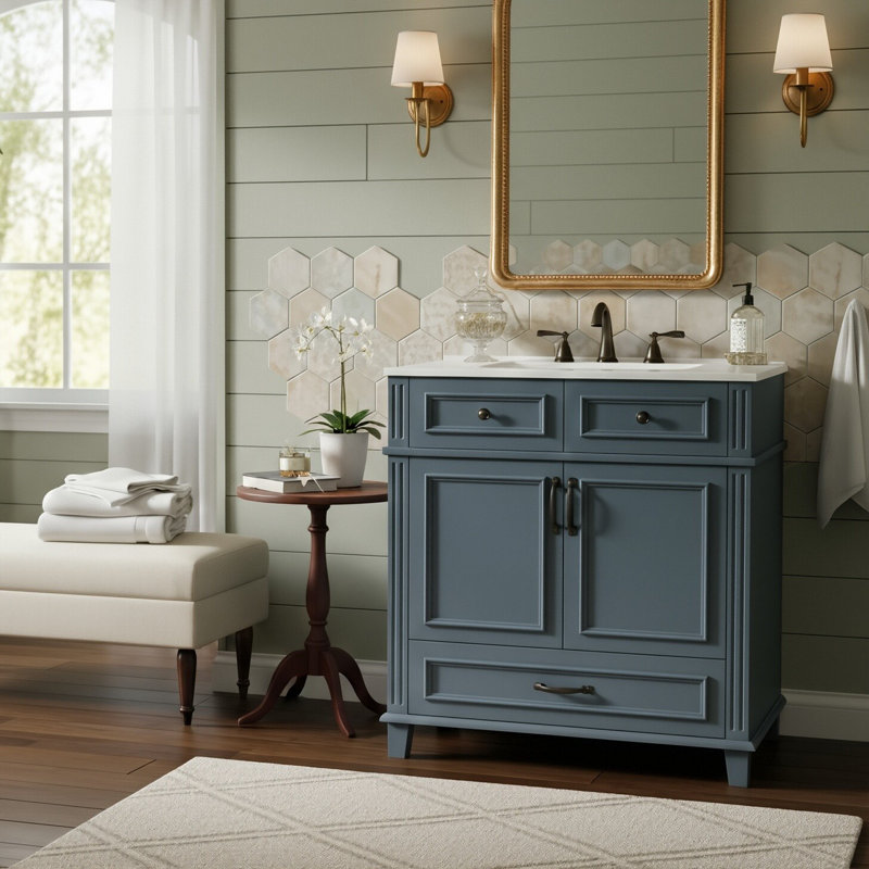 Meuble-lavabo autoportant de 30 po avec lavabo en céramique, armoire en bois massif avec portes à motifs rétro, fermeture en douceur et 1 tiroir