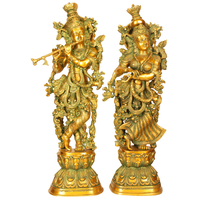30-Inch Handmade Brass Radha Krishna Statue - Large Divine Love Couple Figurine for Home Temple, Living Room Decor & Wedding Gifts