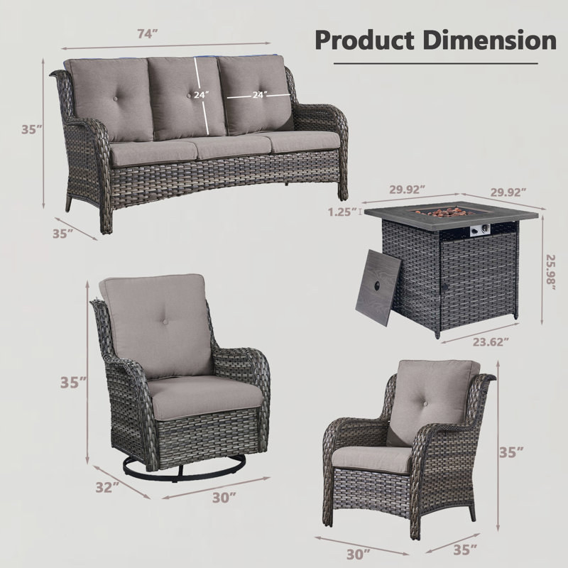 Ensemble de conversation d'extérieur pour 7 personnes avec chaises de patio en osier, foyer et coussins Schutt, Gris