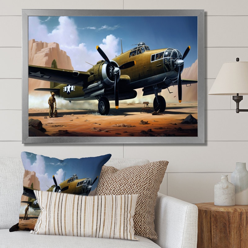 Avion rétro dans le désert II - reproduction sur toile, H 34 po x l 44 po x P 1,5 po, Cadre photo argenté