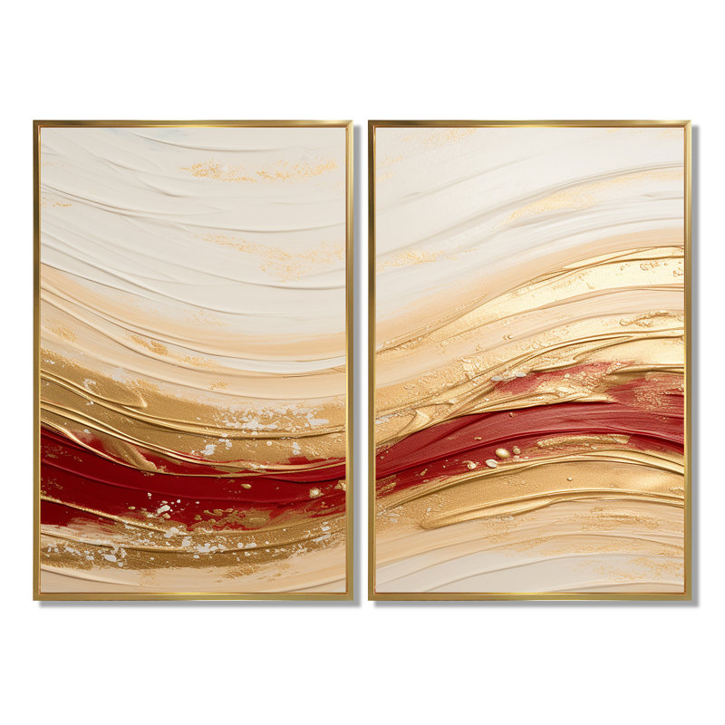 Fusion de vagues douces dorées et rouges - Art mural doré, 36" H x 48" W, Impression encadrée flottante, Gold