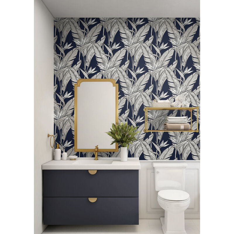 The Sojourn Floral Vinyl Peel & Stick Metallic Wallpaper Roll, Navy Blue/Metallic Pewter