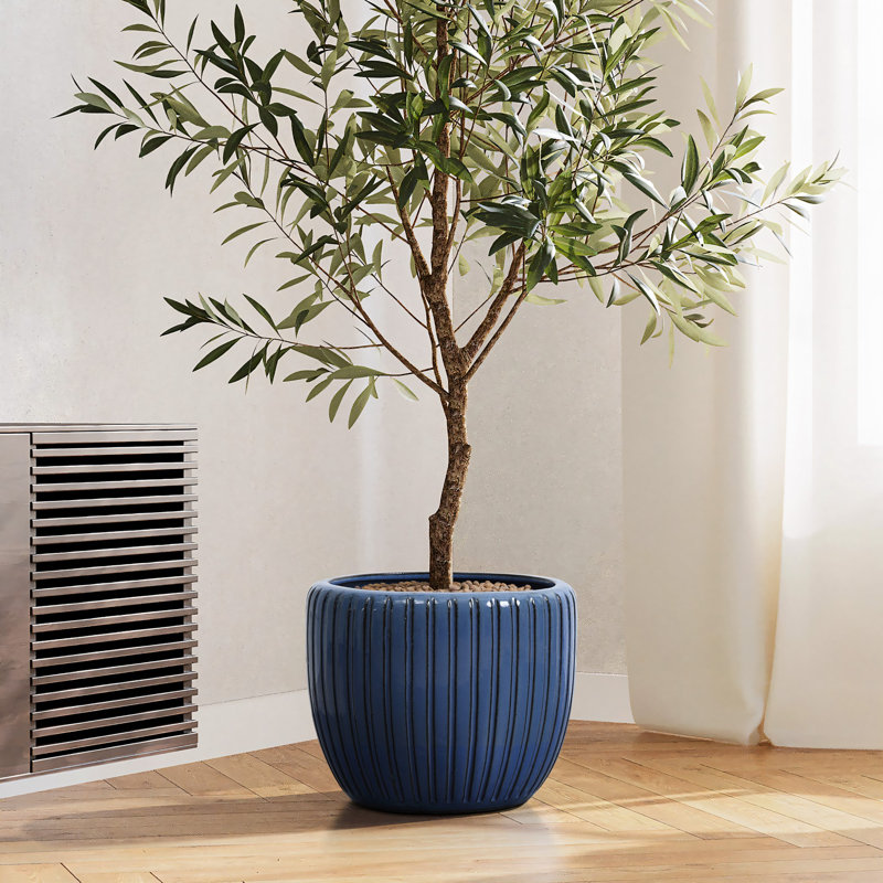 Pots de fleurs ronds en céramique 11 po x 11 po, bleu et vert avec trou de drainage, Bleu