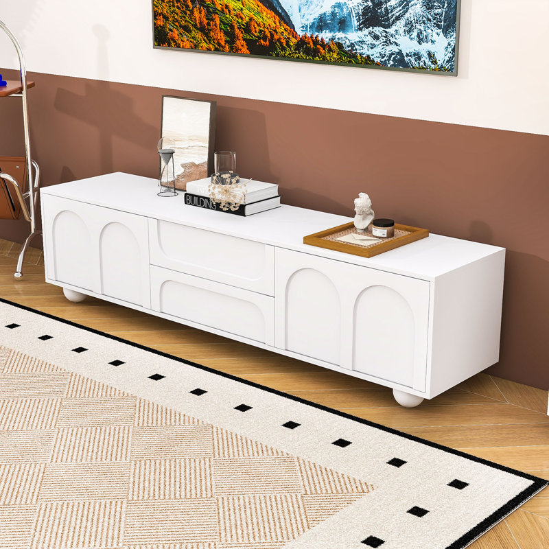 Meuble télé pour téléviseur de 75 po ou moins avec 2 tiroirs, armoires de rangement et dispositif de rebond, Blanc