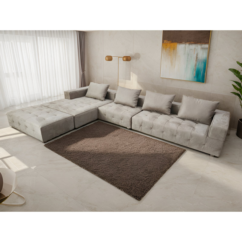 Upholstered L-Shaped Sectional, Left Hand Facing, Beige Microfiber/Microsuede