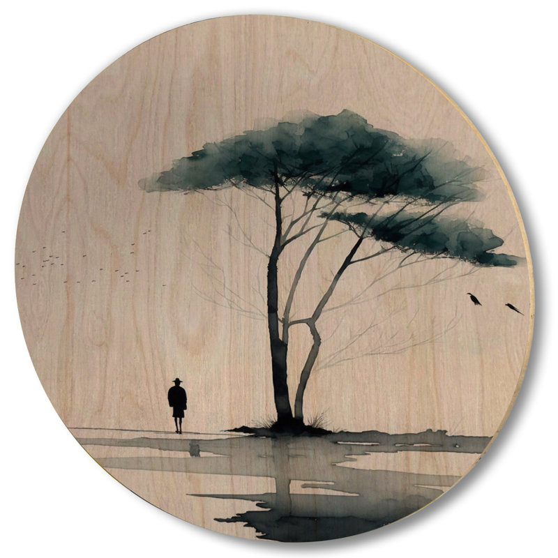 Aquarelle, arbre au bord du lac - Paysage forêt, art mural bois de pin naturel, H 23 po x l 23 po x P 1 po
