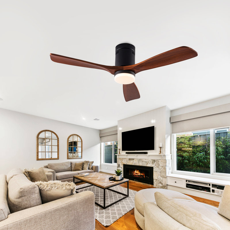Ventilateur de plafond encastré à profil bas en bois massif de 52 pouces avec lumière, application et télécommande, moteur à courant continu réversible à 6 vitesses, ventilateur à DEL à intensité variable 3CCT et à DEL pour le salon de la chambre à coucher