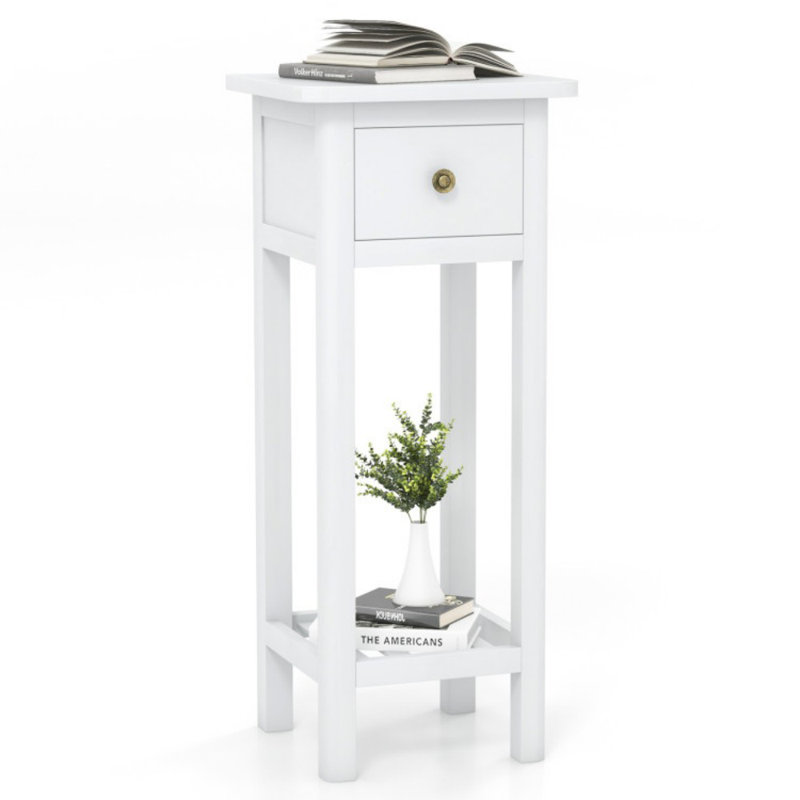 2 Tier Slim Nightstand Bedside Table with Drawer Shelf, White