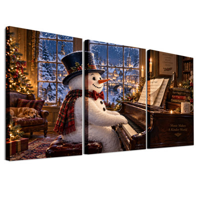 «Snowman» blanc jouant du piano dans une fête de Noël, ensemble de 3 toiles