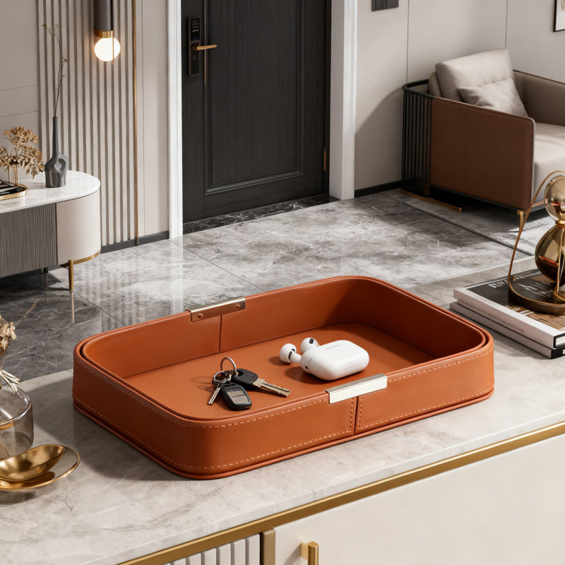 Handcrafted Leather Tray For Home Decor, Modern Rectangle Storage Organizer For Coffee Table And Desktop, Rectangle