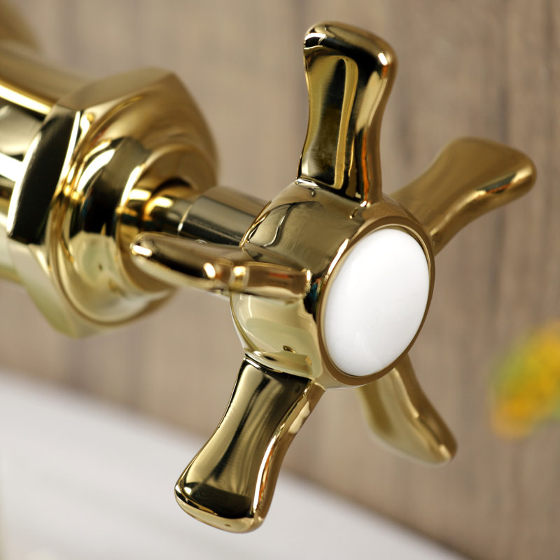 Kingston Brass Fuller Single-Handle 1-Hole Deck Mount Bathroom Faucet with Push Pop-Up, Wheel, Polished Brass