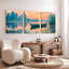 Ensemble de 3 tableaux sur toile représentant un coucher de soleil sur un lac avec bateau et nénuphars-884556419