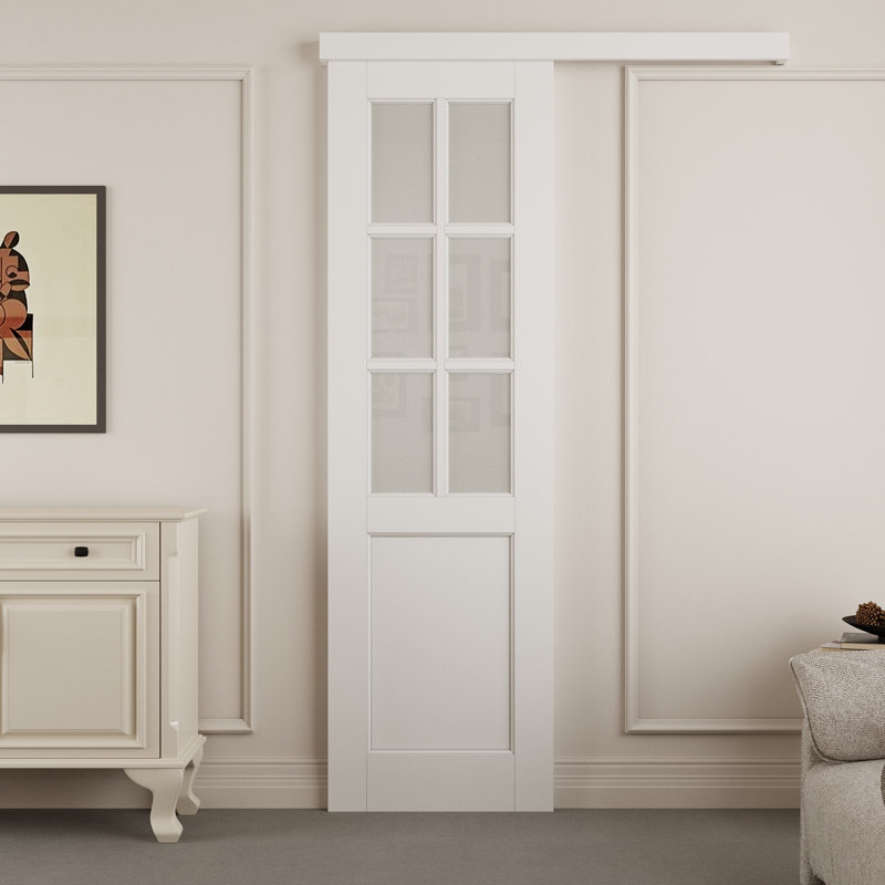 Porte de grange en verre givré 6-Lite avec ensemble de quincaillerie cachée prête à installer, 24 po x 80 po