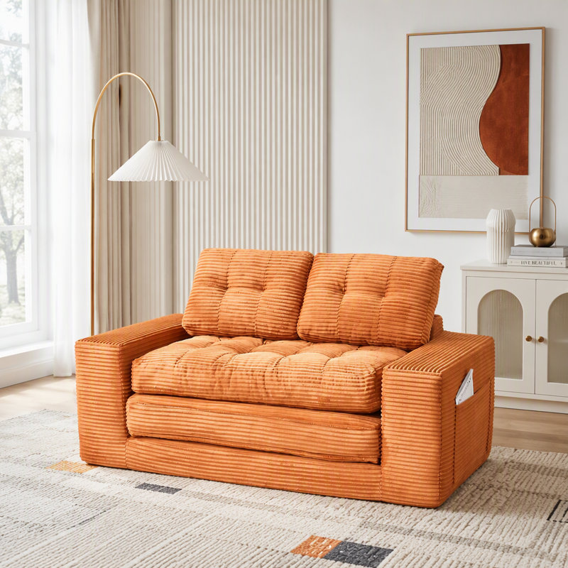 Canapé-lit convertible 2-en-1 avec design désossé et mousse mémoire, L 66,93 po, Tissu orange