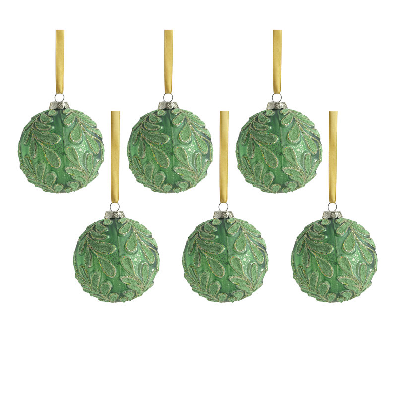 Ensemble d'ornement boule en verre à motif de feuilles perlées 6 pièces Phyllon, H 4 po x l 4 po x P 4 po