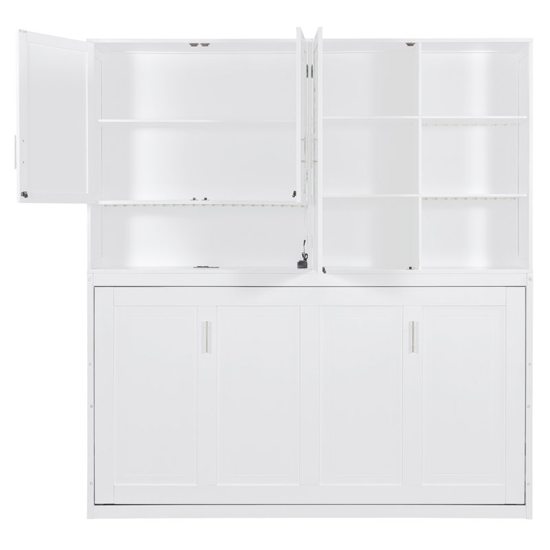 Lit escamotable mural simple avec armoire supérieure, tablettes, lit pliable peu encombrant avec lumière et USB, blanc