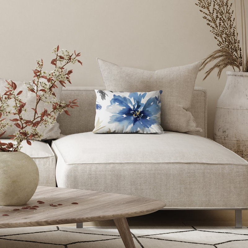 Floral Throw Pillow with Premium Polyester, Rectangle 14"H x 10"W, White/Indigo