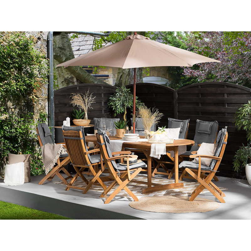 Maren 8 - Person Acacia Wood Patio Dining Set with Extendable Oval Table , Cushions Included