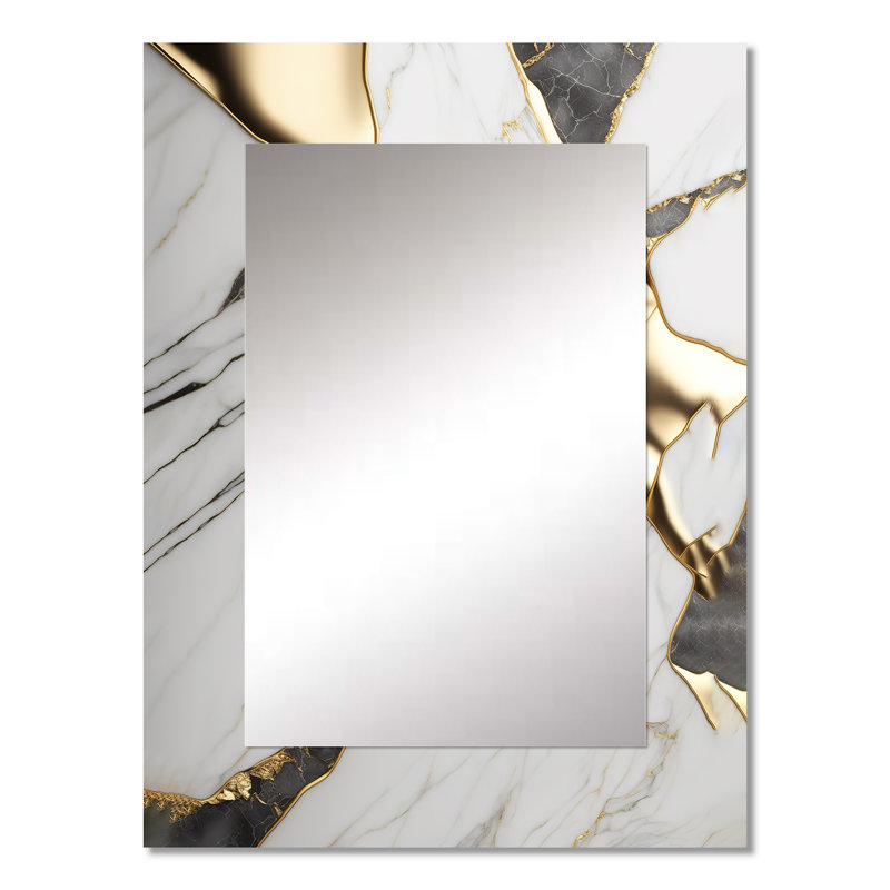 Abstrait géode marbre blanc et or I - miroir mural unique en marbre, miroir blanc, art imprimé en métal, 32 po x 24 po