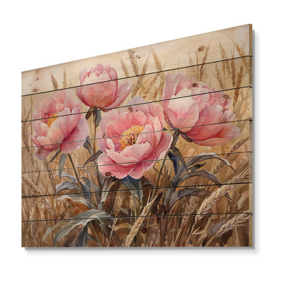 Pivoines dans le champ de blé III - Décoration murale en bois de pivoines - sur bois de pin naturel