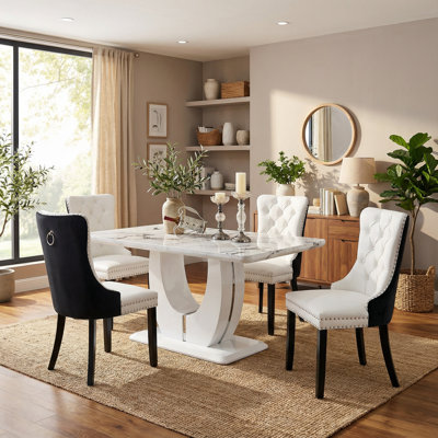 5-pieces 63" Rectangular White Marble Dining Set with 4 Grain Tufted Velvet Chairs