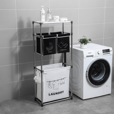 Trieur à linge à 3 niveaux avec 4 sacs amovibles, rangement pour vêtements autoportant avec 3 crochets, lumières séparées et sarcelles pour la salle de lavage