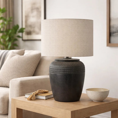 Pany Table Lamp, 17 Inch, Gray Drum Shade, Black Ceramic Jar Base