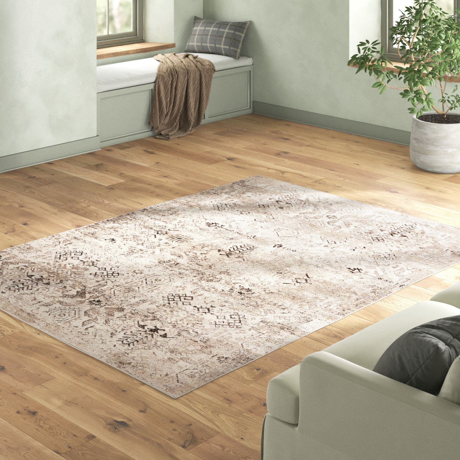 Phoebe Brown Cream Machine Washable Oriental Rug, Rectangle 5'3" x 8'