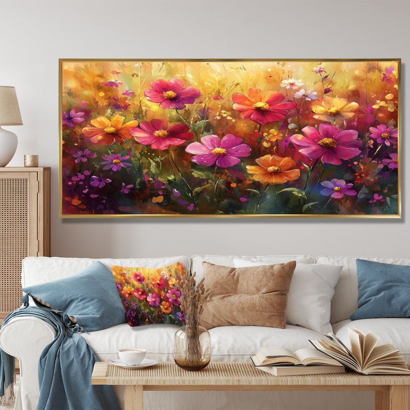 Fleurs vives aux fleurs sauvages, art moderne II - art mural floral, H 28 po x l 60 po, Doré