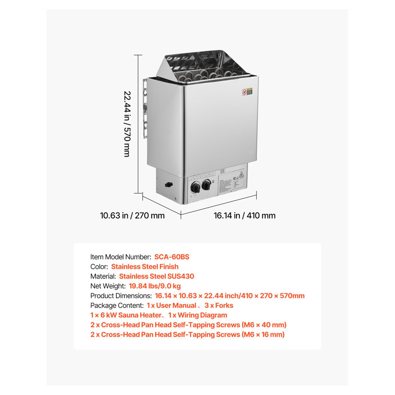 6KW Electric Sauna Heater - 240V Stainless Steel Dry Steam Bath Stove with Timer & Thermostat for Home Spa