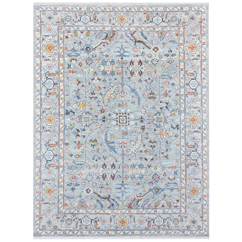 Wool Floral Area Rug in Blue/Orange, Rectangle 9' x 12'